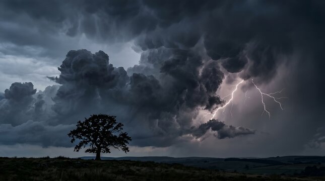Silhouette of a lone tree against a dark stormy sky with powerful lightning strikes