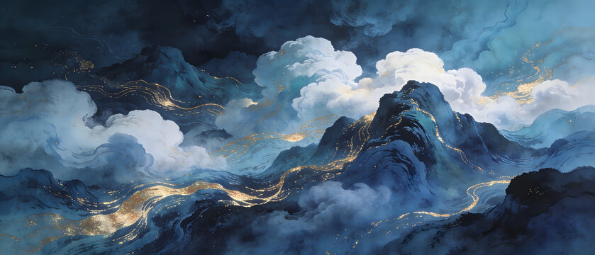 Stormy weather with lightning illuminates the dark mountain landscape
