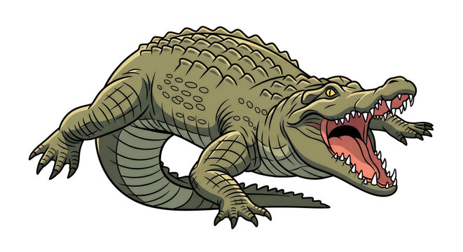 Green Crocodile Illustration with Open Jaws and Sharp Teeth, Dangerous Reptile Character Mascot Isolated on White
