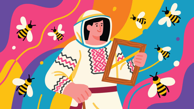 Illustration Of A Beekeeper Holding A Frame Vector Design Template