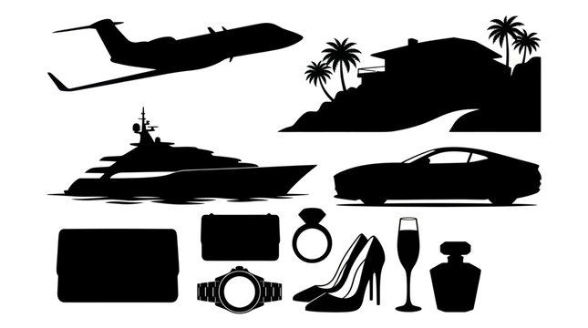 Luxury Lifestyle Icons: Private Jet, Yacht, Car, House, Accessories