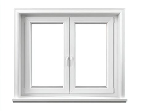 A pristine white double-hung window in a white frame, with two clear panes, a sill, and elegant moldings