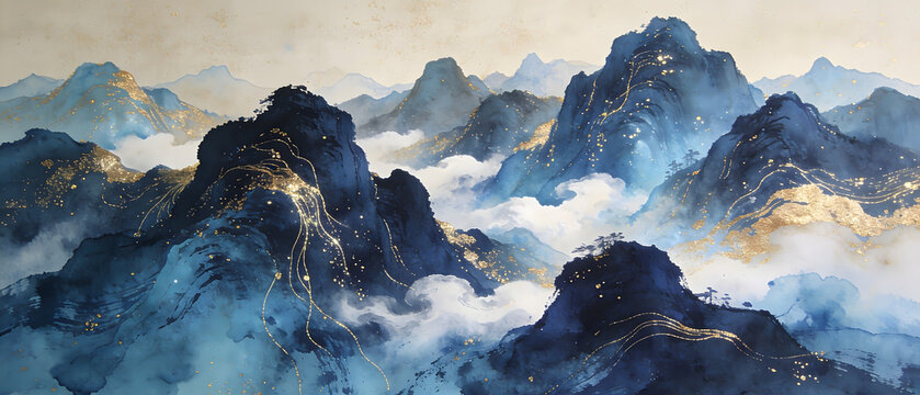 Misty mountains rise high in a serene landscape view from above