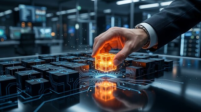 Futuristic Businessman Interacting with Digital Circuitry and Holographic Technology in a High-Tech Data Center Environment
