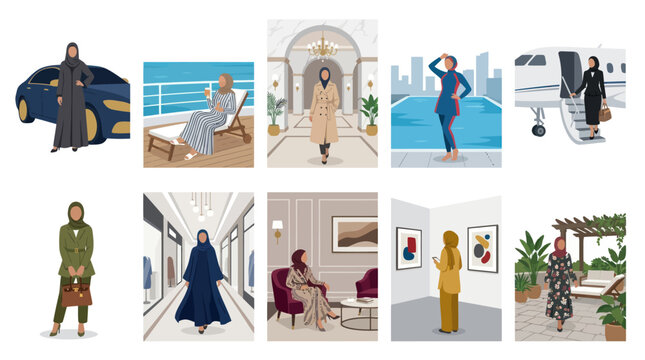 Diverse Hijab Fashion: Women in stylish abayas, burkinis, coats, and hijabs in various settings