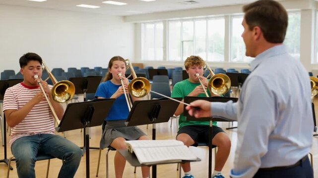 Teenage boys play trombone in classroom with instructor