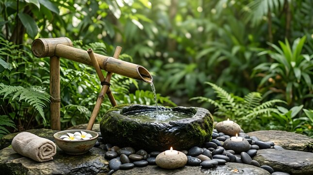 Rustic Stone Water Basin with Bamboo Spout in Lush Garden