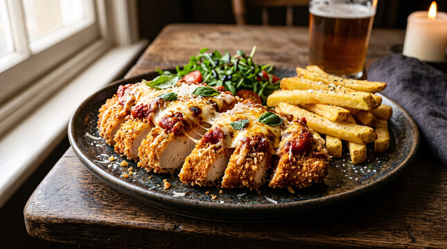 A sliced chicken parmigiana served with chips, salad and a beer beside a window