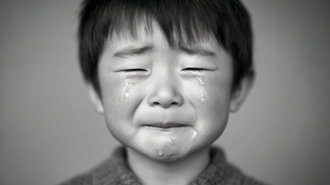 child with their head down tears glistening on their eyelashes against clean monochromatic background