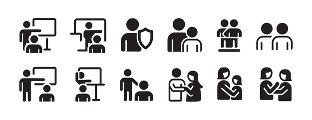 Fototapeta premium Set of icons showing people in supportive roles, teaching, and relationships.