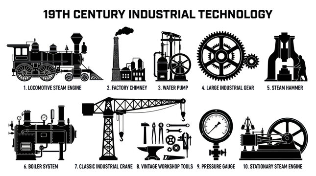 19th Century Industrial Technology Icons: Steam Engine, Crane, Gears, Hammer