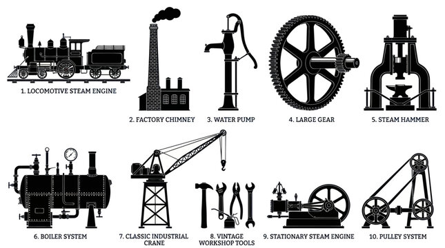 Industrial Revolution Technology Icons: Steam Engine, Crane, Hammer, Gear