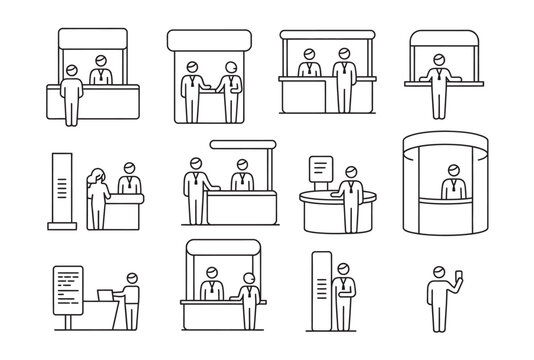 Line art icons showcasing exhibition stands, booths, and customer interactions.