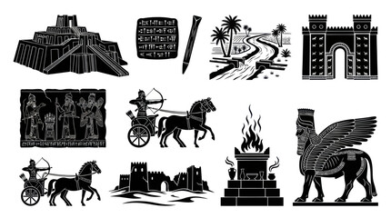 Obraz premium Ancient Mesopotamia Symbols: Ziggurat, Cuneiform, Chariots, Lamassu Glyph