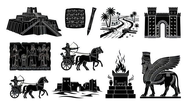 Ancient Mesopotamia Symbols: Ziggurat, Cuneiform, Chariots, Lamassu Glyph
