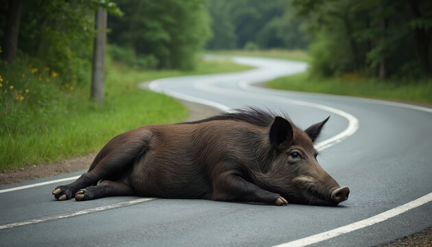 Wild boar rests on a winding asphalt road surrounded by green grass and trees. A single animal lies still on the pathway, its dark brown fur contrasting with the grey road surface and white markings.
