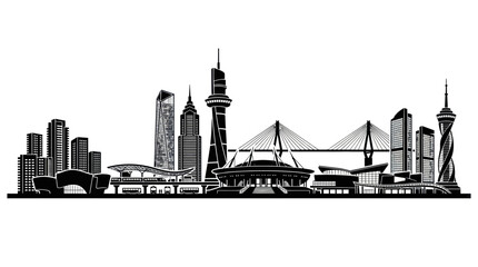Obraz premium Urban Architecture Black White Silhouette Vector: City Skyline with Modern Landmarks