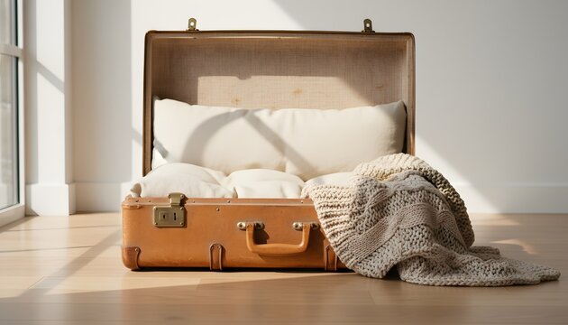Open vintage suitcase pet bed sitting on a wooden floor in a sunny room for an eco-friendly upcycling concept promoting sustainable DIY home decor and creative furniture reuse