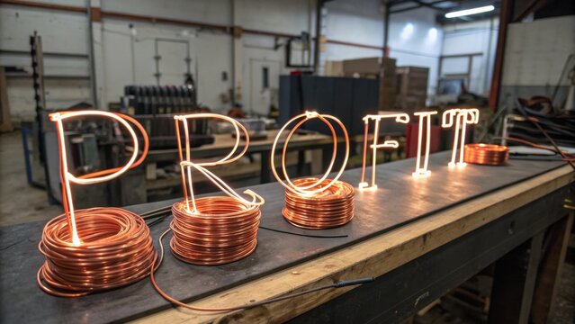 Copper Wiring and Neon Lighting Spelling Profit in Industrial Warehouse with Workbench and Equipment in the Background
