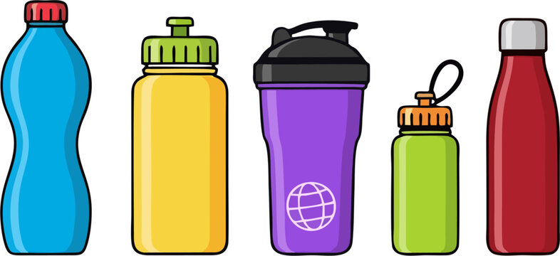Set of Colorful Reusable Water Bottles and Sports Shakers Isolated
