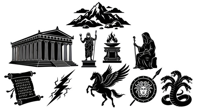 Greek Mythology Symbols: Temple, Pegasus, Hydra, Zeus, Medusa Glyph Icons