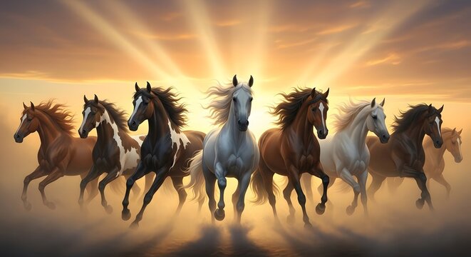 Seven horses running at full speed through mist during a golden sunset