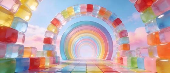 Fototapeta premium A vibrant rainbow-colored tunnel made of blocks leads to a bright future in a dreamy landscape with clouds and blue sky.