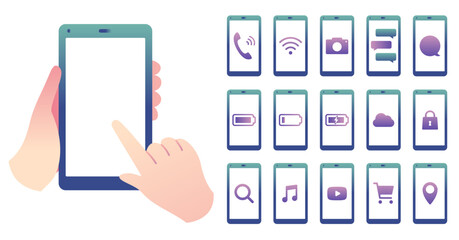  シンプルなグラデーションカラーのスマートフォンのイラストセット © かのこ