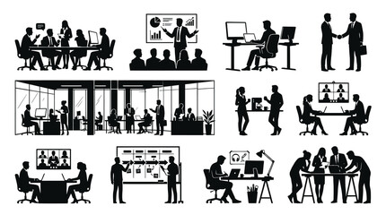 Fototapeta premium Business Office People Silhouettes Set - Teamwork, Meetings Workplace Activities - Black White Vector