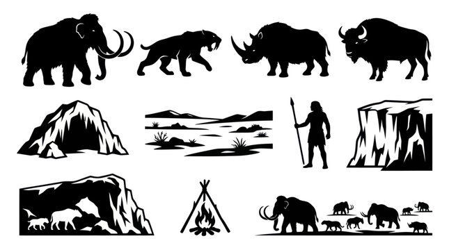 Prehistoric Stone Age Animals and Caveman Silhouettes Vector Icon Set