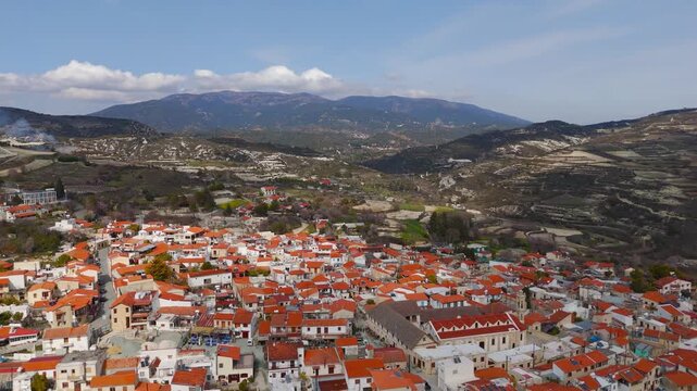 Aerial Panorama of Traditional Omodos Village and Troodos Mountain Range Cyprus