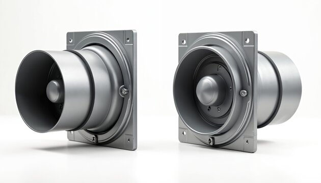 Two air volume dampers shown side by side on white background. HVAC components for ventilation systems. Metal ducts for air flow control. Industrial equipment detail.