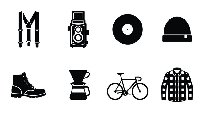 Retro Style Icons: Suspenders, Vintage Camera, Vinyl Record, Beanie, Boots, Coffee Dripper, Bicycle, Flannel Shirt Vector Set