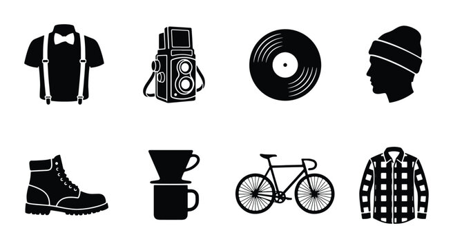 Retro Style Icons Set: Vintage Camera, Vinyl Record, Flannel Shirt, Boots, Bicycle, Coffee Dripper, Suspenders, Silhouette Head Vector Graphics