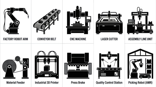 Industrial Automation Icons: Factory Robot Arm, Conveyor, CNC Machine, Laser Cutter