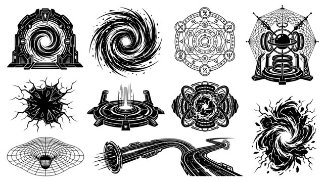 Sci-Fi Fantasy Technology Abstract Black  White Vector Art: Portals, Black Holes, Energy