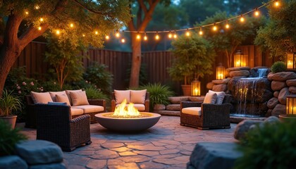 Naklejka premium Cozy backyard patio at night with fire pit warm glow. Outdoor furniture set near stone waterfall and ambient string lights creates relaxing atmosphere for evening relaxation and gatherings.