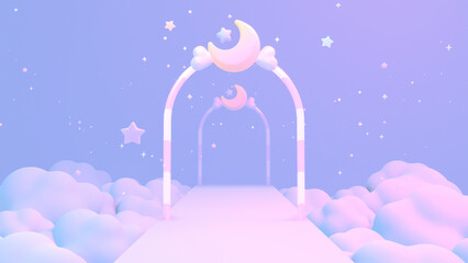 Naklejka premium 3D rendered pastel moon corridor on clouds.