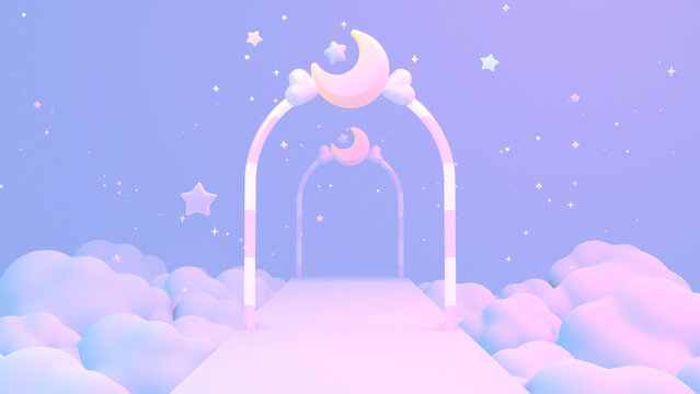3D rendered pastel moon corridor on clouds.
