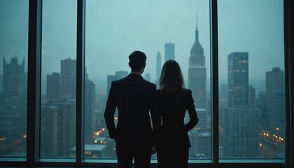 Fototapeta premium Man and woman in suits stand by window looking at city skyline during rain. They contemplate future career success and partnership in urban setting, evening atmosphere.