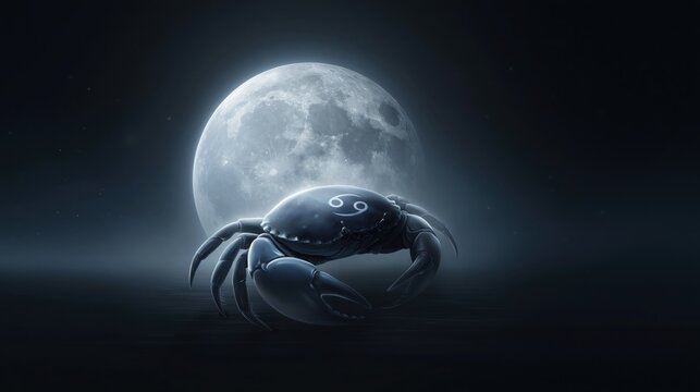 Crab with cancer symbol standing on calm water under moon