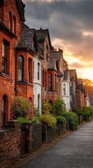 Naklejka premium Victorian red brick houses with garden fronts on lane