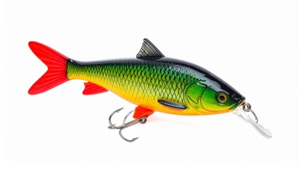Fototapeta premium 白背景に単体で置かれたリアルな魚形の釣りルアーのプロダクトクローズアップ