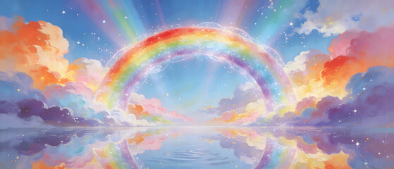 Naklejka premium A vibrant rainbow appears in the sky with colorful clouds reflecting on water.