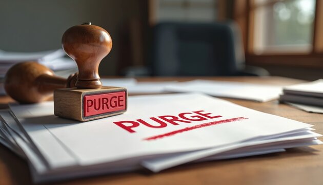 Rubber stamp marks document with word purge. Office desk with papers, files stacks imply data cleanup, record destruction, or sensitive info removal process.