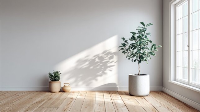 Bright minimalist room with potted plants and sunlight streaming through a large window