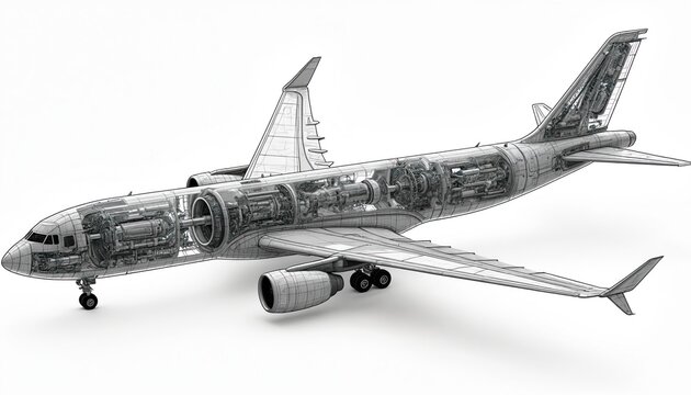 Cutaway airplane illustration shows inner workings and complex mechanical systems. Detailed view reveals jet engines, fuselage structure, wing components, and flight controls for engineering analysis.