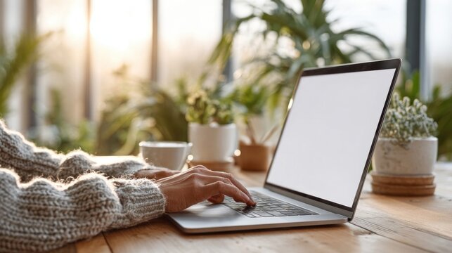 Cozy home office setup with laptop, coffee, and plants bathed in warm sunlight