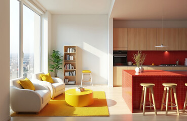 Naklejka premium Modern open plan living area and kitchen. White sofas, yellow table, wood cabinets, red island. Large window shows city view. Bright light fills room.