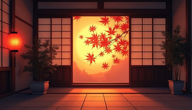 Interior of Japanese inn room shows shoji screen with red maple leaves against warm sunset sky. Red lantern glows, potted bamboo sits nearby, creating peaceful ambience.